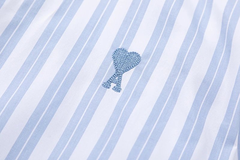 Ami Paris Striped Cotton Shirt with Red Heart Embroidery Blue - 30