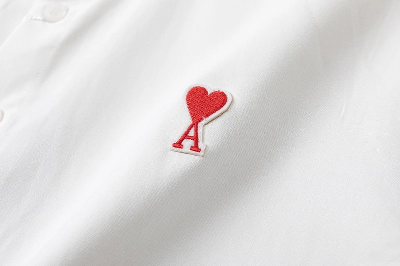 Ami Paris Striped Cotton Shirt with Red Heart Embroidery Blue - 33