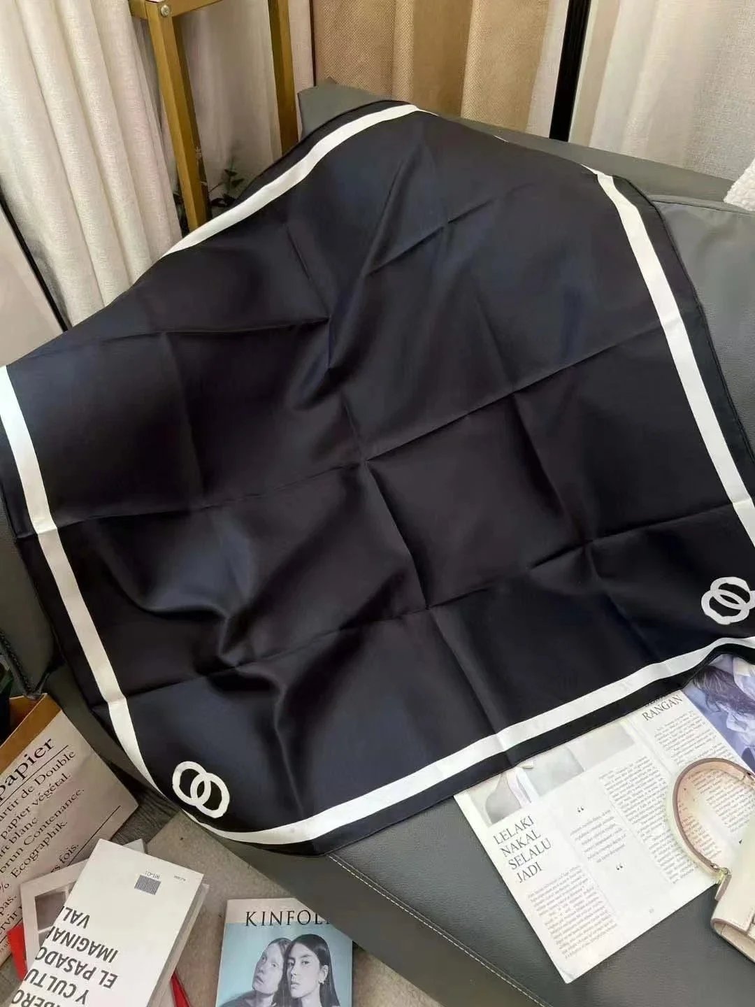 Christian Dior Scarves Oblique Monogram Square Scarf — C-hanel Black with a white border