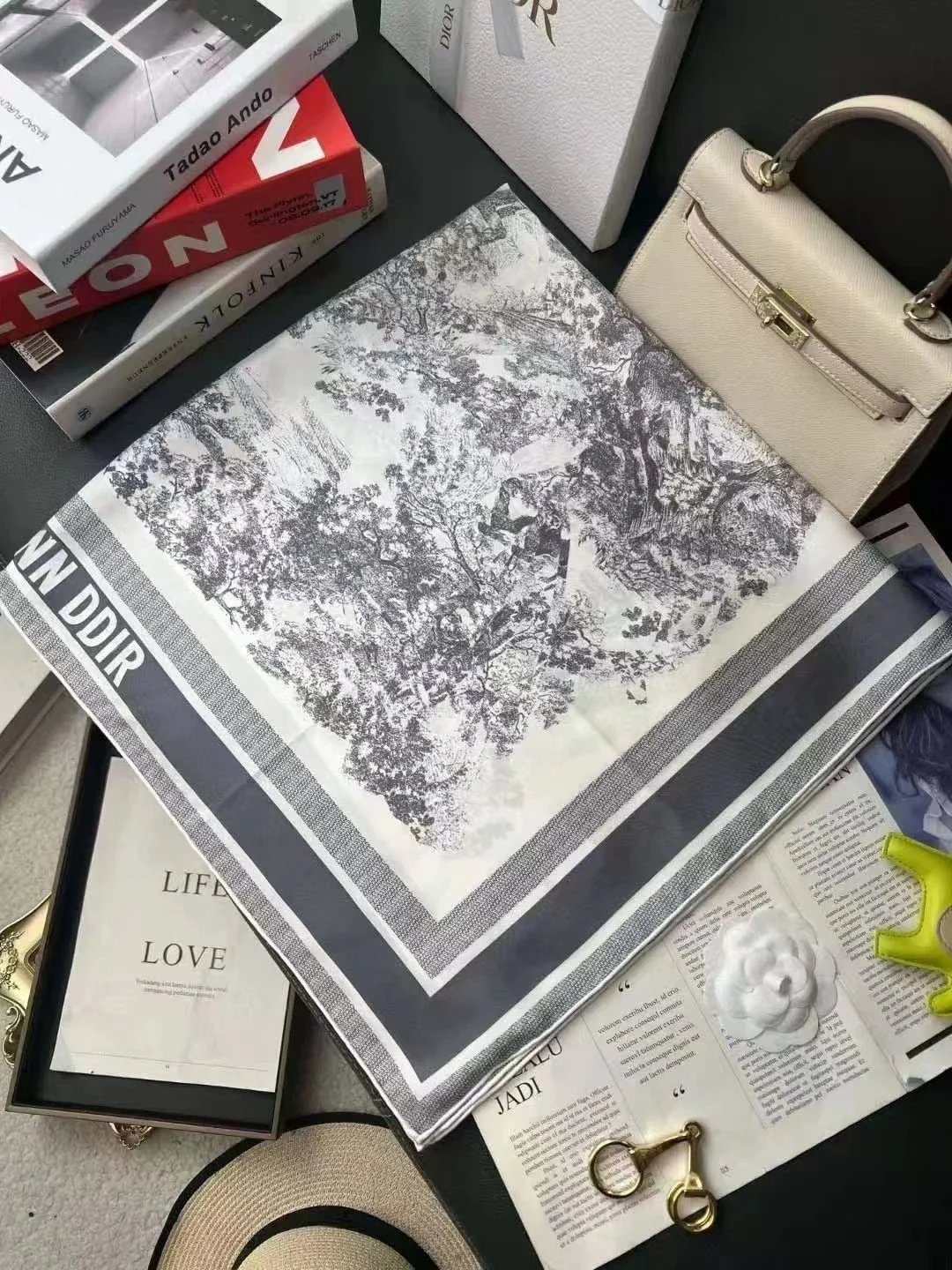 Christian Dior Scarves Oblique Monogram Square Scarf — D-ior White Landscape Chart