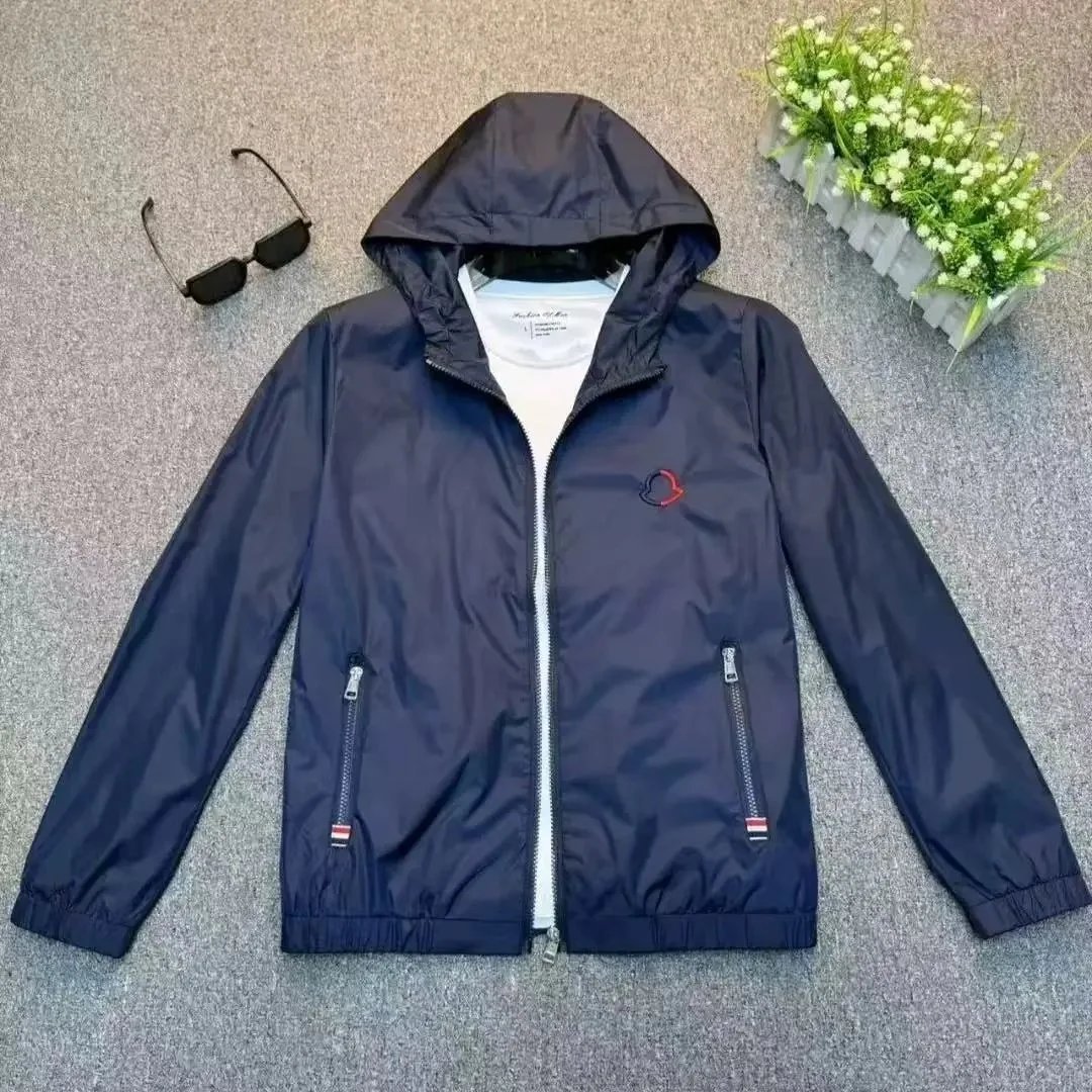 Moncler Jackets Hooded zip-front jacket with tricolor hood trim — Moncler 05 navy blue