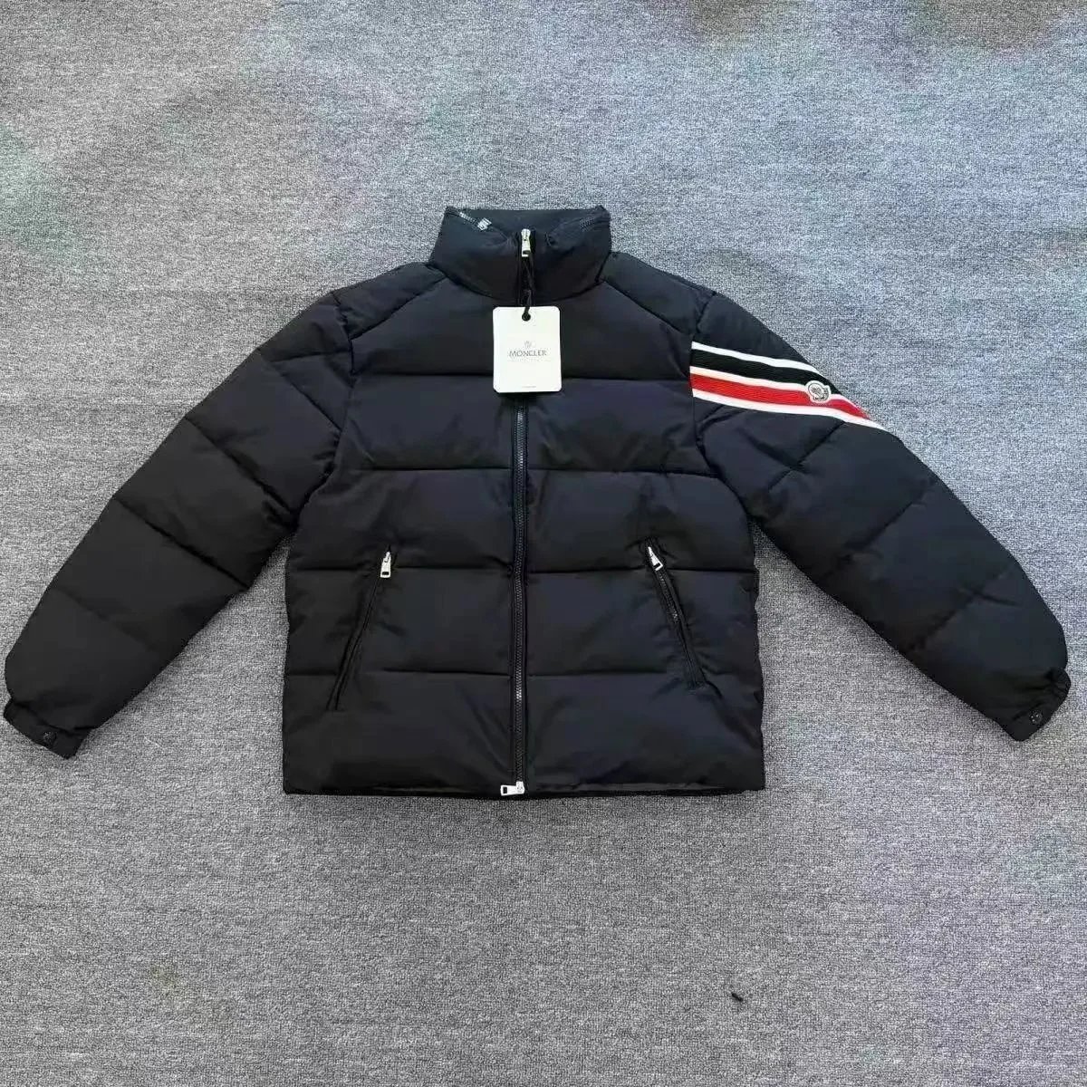 Moncler Jackets Hooded zip-front jacket with tricolor hood trim — Down Coat-Black