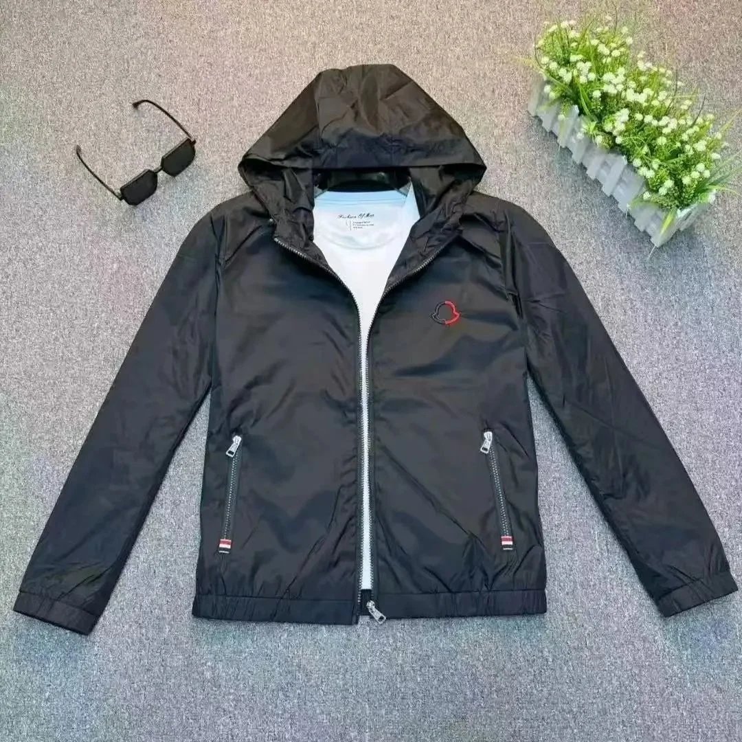 Moncler Jackets Hooded zip-front jacket with tricolor hood trim — Moncler 05 black