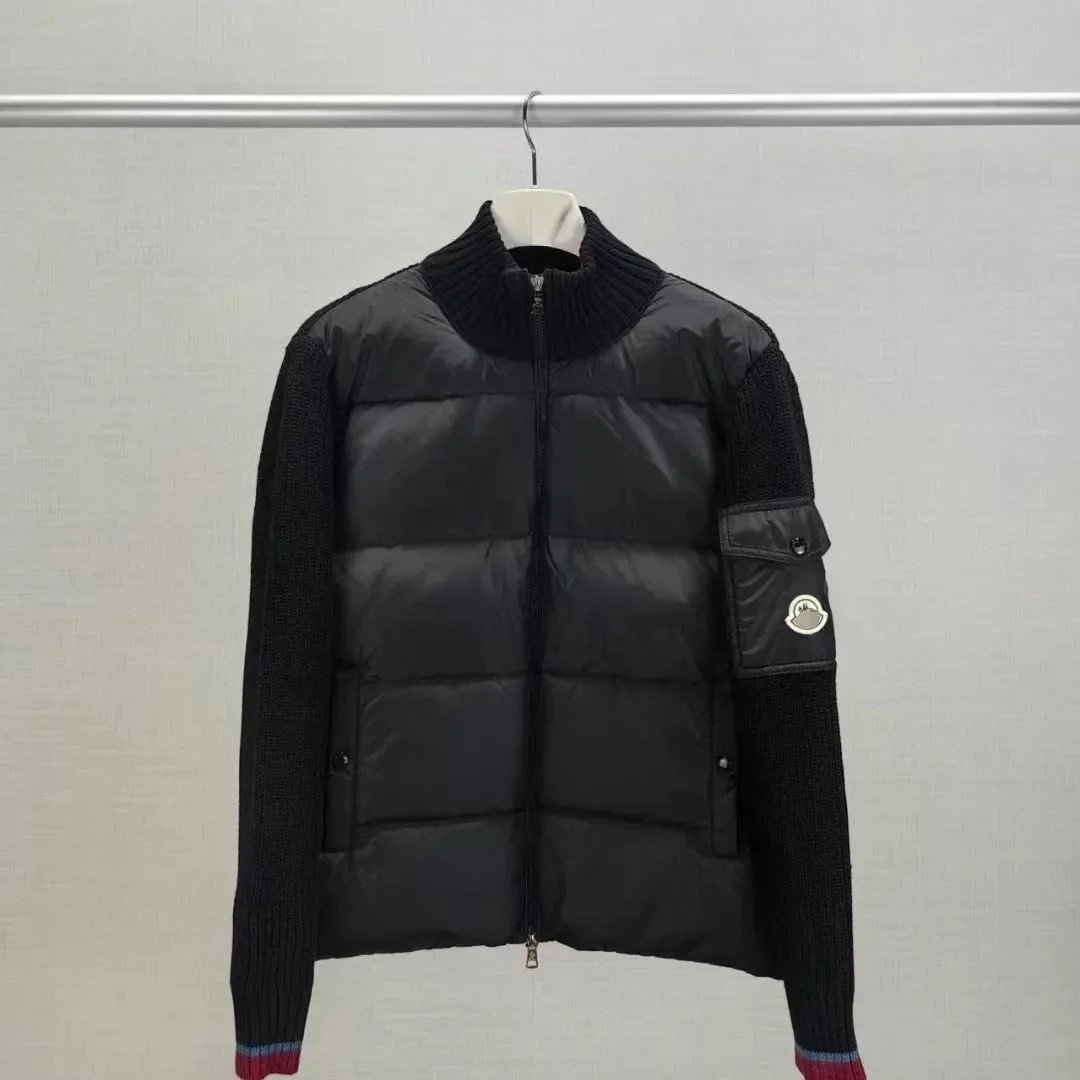 Moncler Jackets Hooded zip-front jacket with tricolor hood trim — Black White Label-High Collar