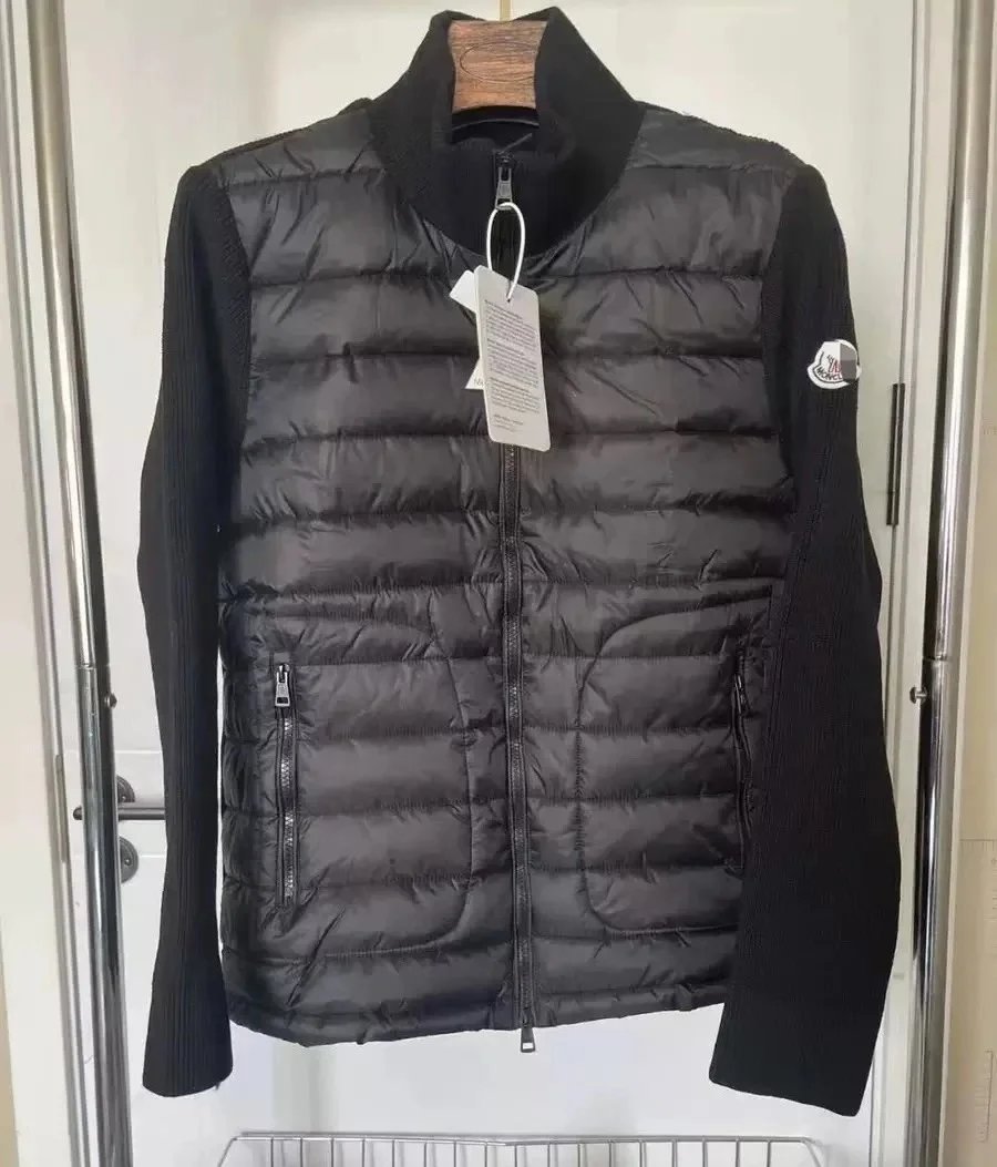 Moncler Jackets Hooded zip-front jacket with tricolor hood trim — 1-Dark blue with white label (stand-up collar)