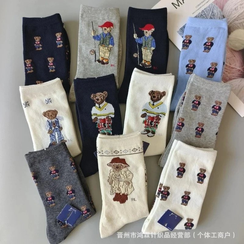 New spring and autumn trendy cartoon bear mid-calf women’s cotton socks po same style lo casual bear women’s socks