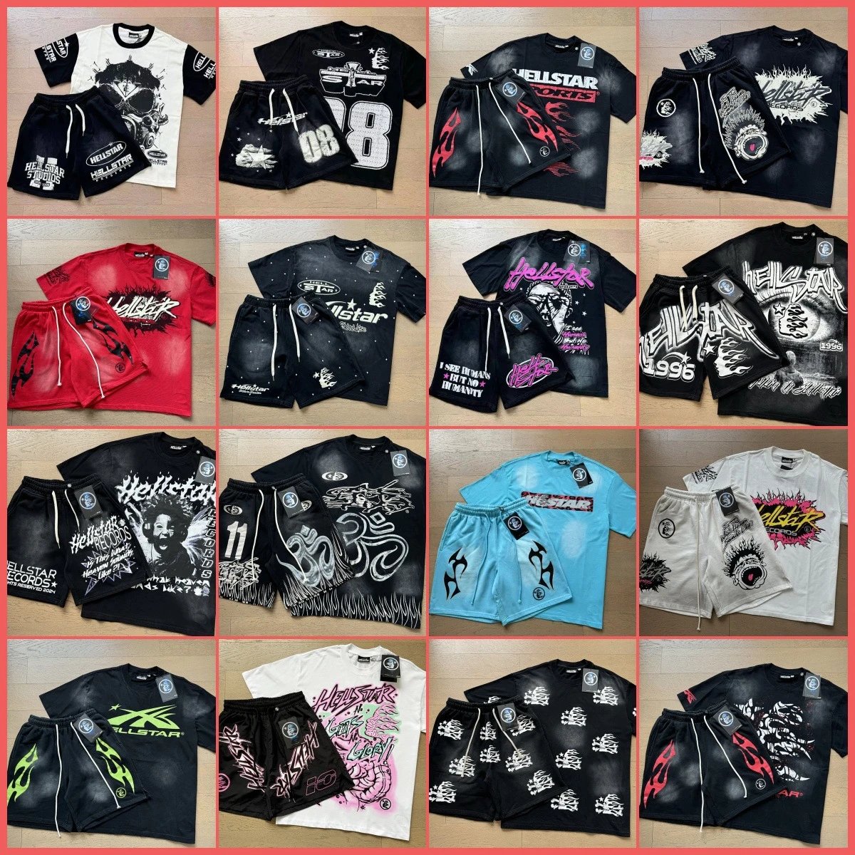 Highest Quality-----1 Hell Star Retro Print Summer Men's and Women's Short Sleeve Set