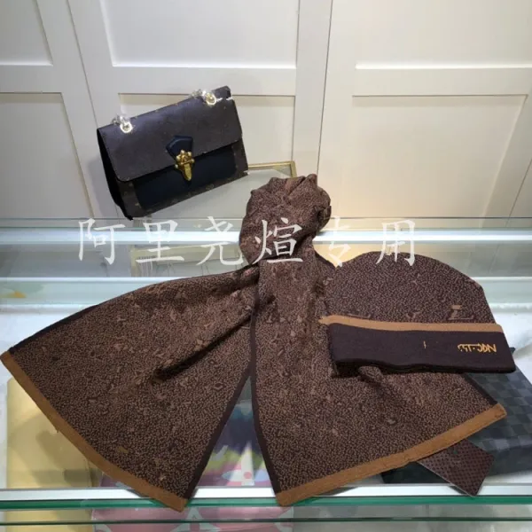 Louis Vuitton Monogram Brown Silk Scarf and Beanie Set - 1