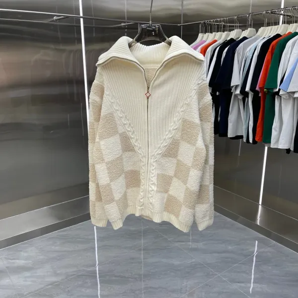 Design Checkerboard Cable-Knit Zip-Up Cardigan Beige-White - 1