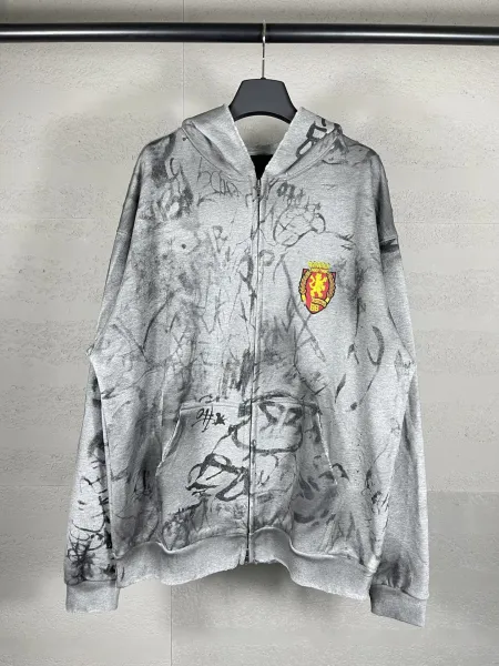 Balenciaga Graffiti-Print Zip-Up Hoodie Gray - 1