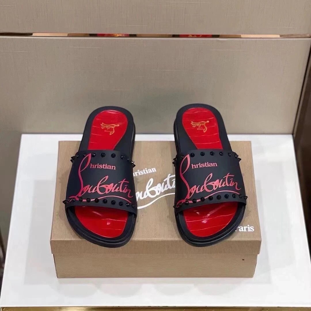 Christian Louboutin Spiky Slide Black and Red Slippers - 5