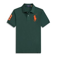 Polo dark green with a large orange label