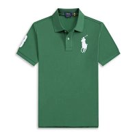 Polo dark green with a large white label