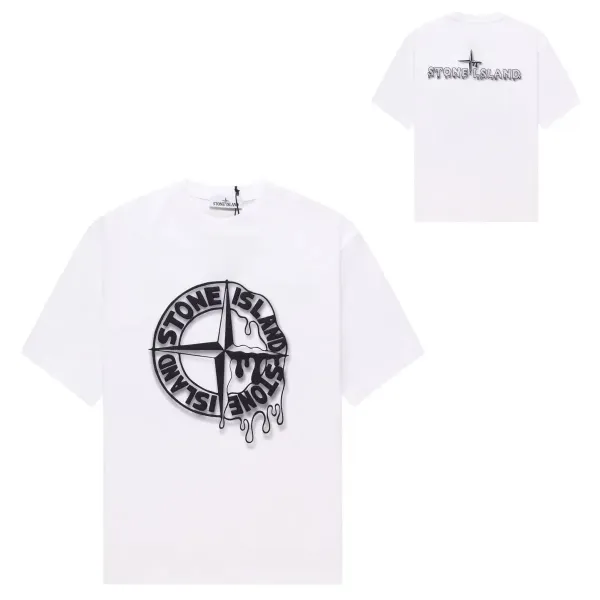Stone Island Compass Logo Drip Print White T-Shirt - 1