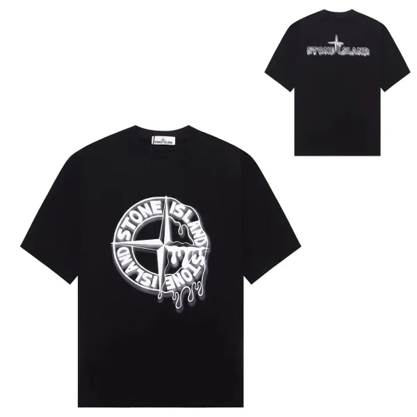 Stone Island Dripping Compass Logo Black T-Shirt - 1