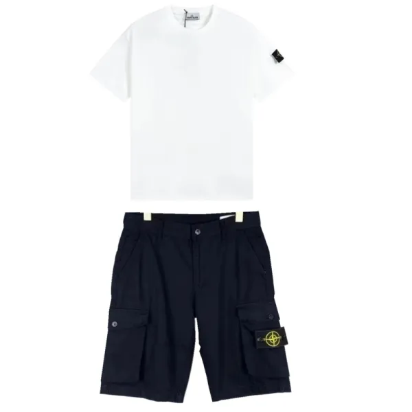 Stone Island White Crewneck T-Shirt and Navy Cargo Shorts Set - 1