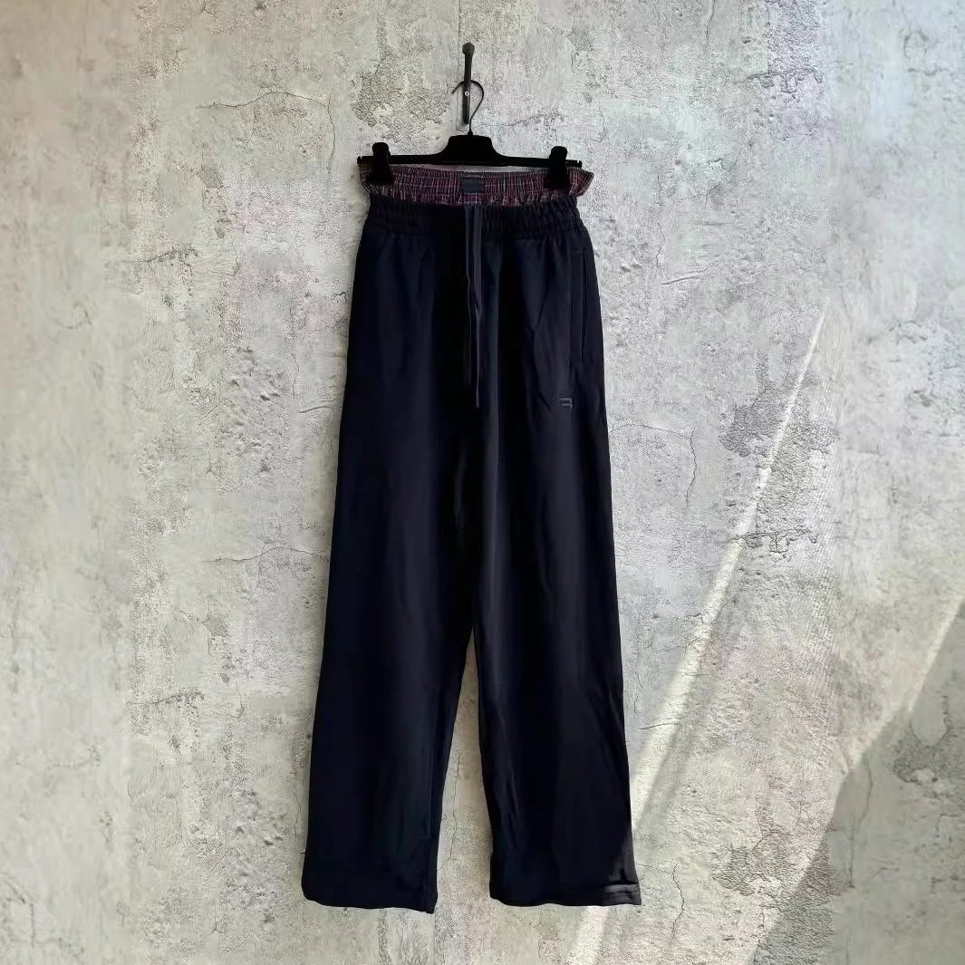 Fake two piece checkered button spliced pants for both men and women