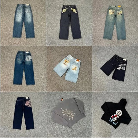 New European & American Niche Streetwear Embroidered Cherry Blossom Casual High Street Jeans