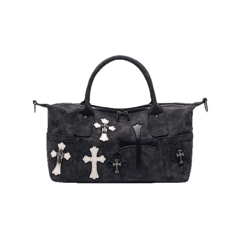 Cross Embellished Suede Duffel Bag Black Gothic