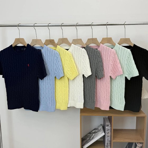 RL Classic Spring/Summer 26 Pony Embroidery Round Neck Cotton Fried Dough Twists Pullover Sweater Short Sleeve Casual
