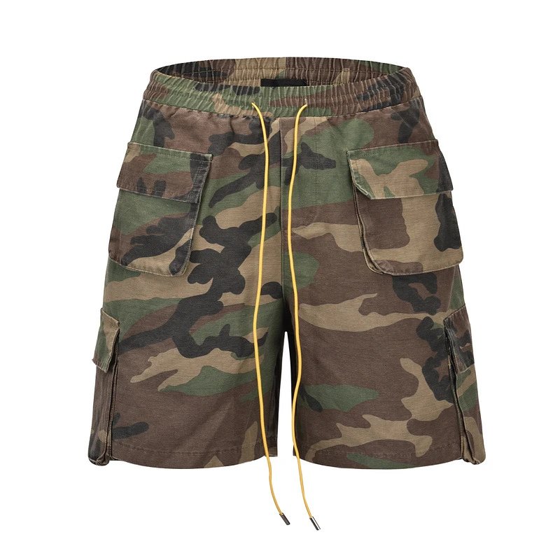 High-Street Cargo Shorts with Drawstring, Distressed Washed Camo Multi-Pocket Accordion Details