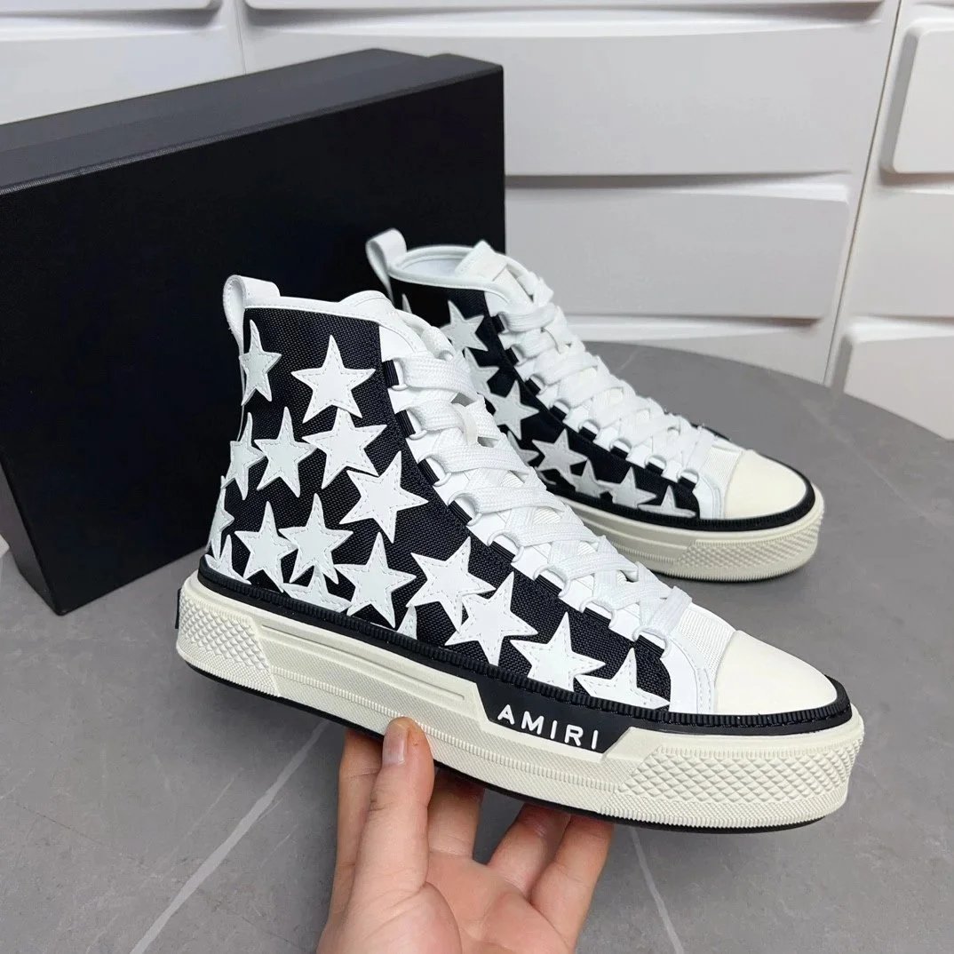 Amiri Black and White Star Print High Top Canvas Sneakers