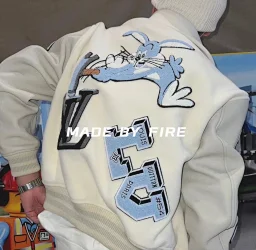 thumbnail for [Extinction Edition] 22FW Fall/Winter Series Bugs Bunny Flocking Embroidery Patch Patch Baseball Uniform White Tweed Jacket Jacket Unisex
