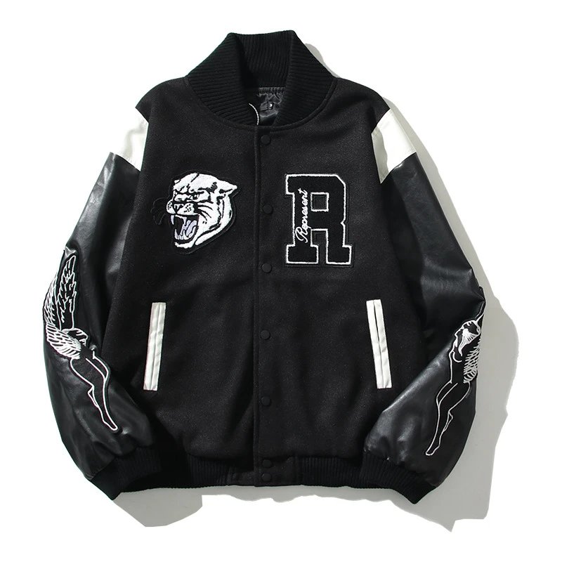 REPRESENT Tiger Embroidered Varsity Jacket Black - Gallery Image 5 - Detailed View
