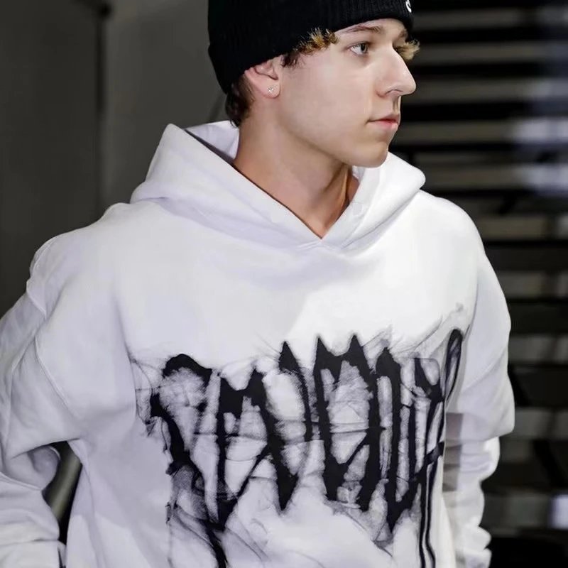 Gothic Skull Smoke Hoodie Streetwear Ivory - Gallery Image 7 - Detailed View