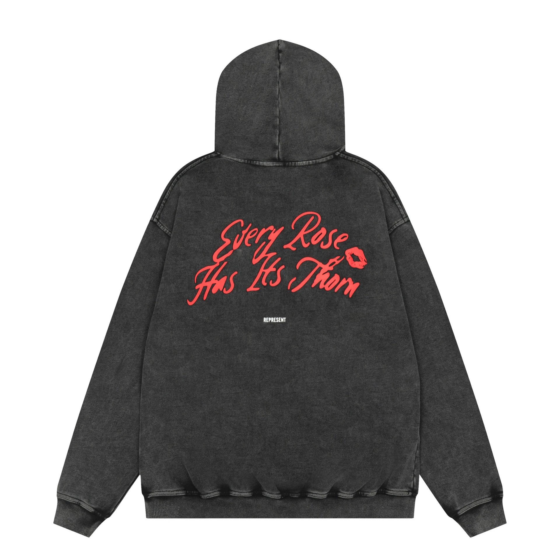 Represent Red Lips Washed Hoodie Black - Gallery Image 4 - Detailed View