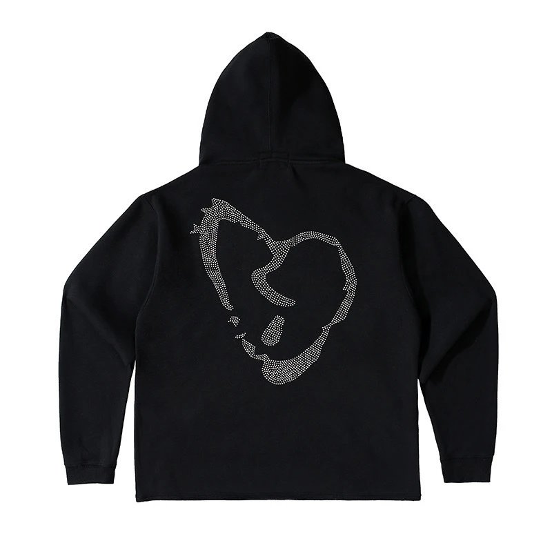 Streetwear Rhinestone Heart Graphic Hoodie Jet Black - Related Product - Cnfans