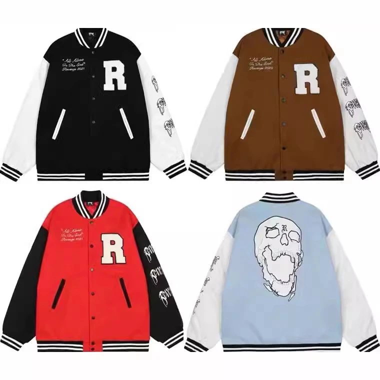 Streetwear Varsity Jacket Wool Skull Embroidery Ivory - Gallery Image 1 - Detailed View