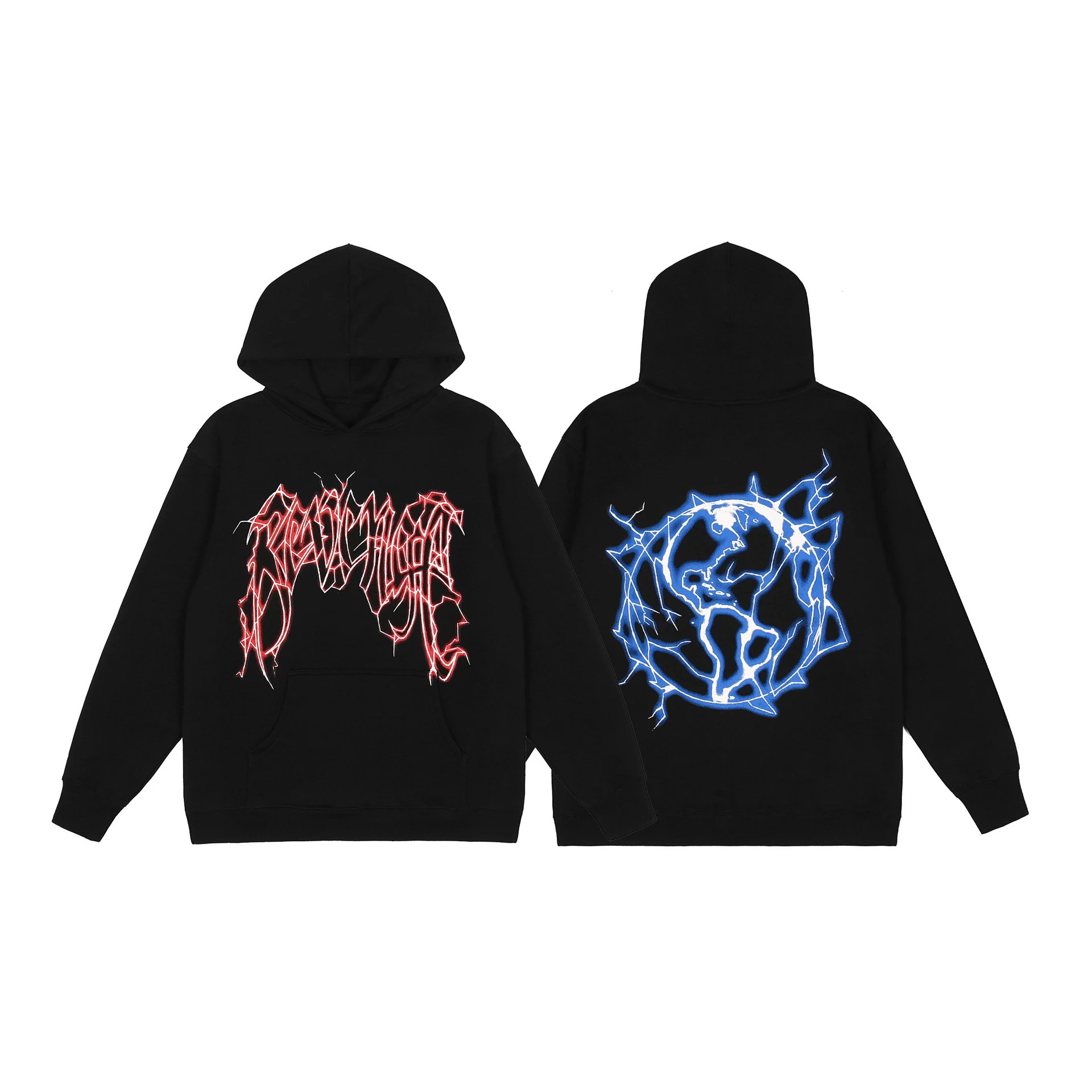 Streetwear Graphic Hoodie Unisex Black Electric Blue - Gallery Image 7 - Detailed View