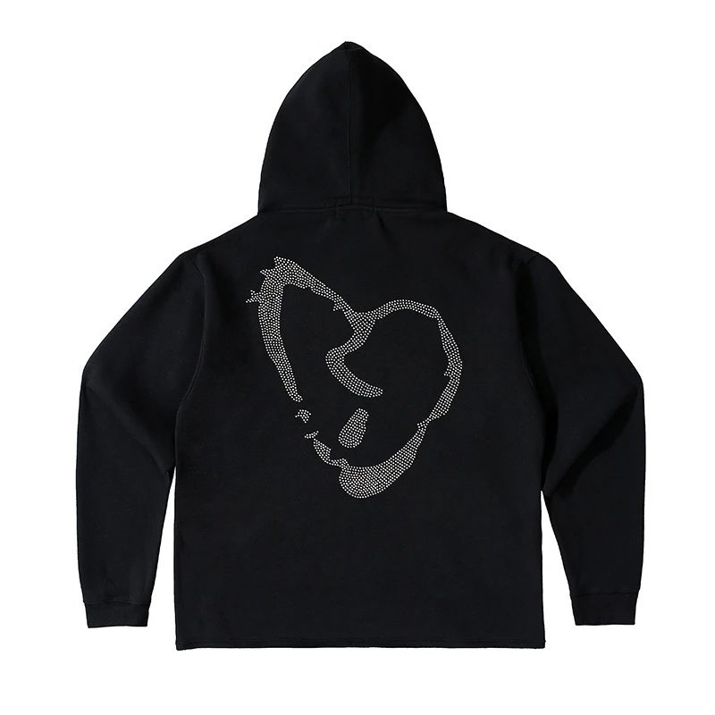 Streetwear Rhinestone Heart Hoodie Jet Black - Gallery Image 5 - Detailed View