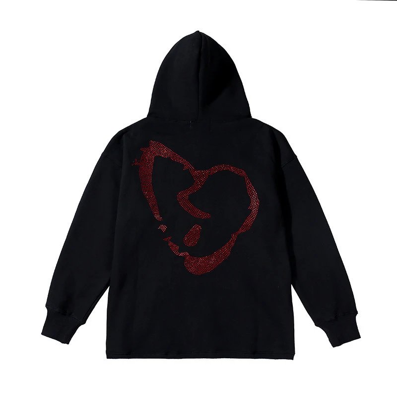 Streetwear Rhinestone Heart Hoodie Jet Black - Related Product - Cnfans
