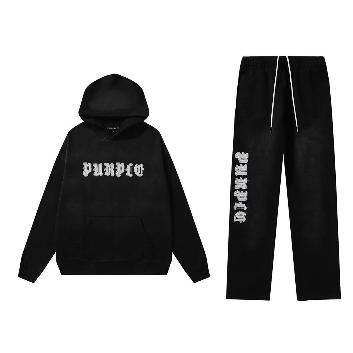 Washed Towel Embroidered Hoodie Pants Set Onyx Black - Gallery Image 5 - Detailed View