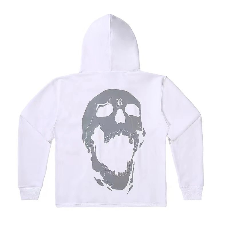 Reflective Skull Graphic Hoodie Streetwear Ivory - Revenge - Cnfans - $36.13