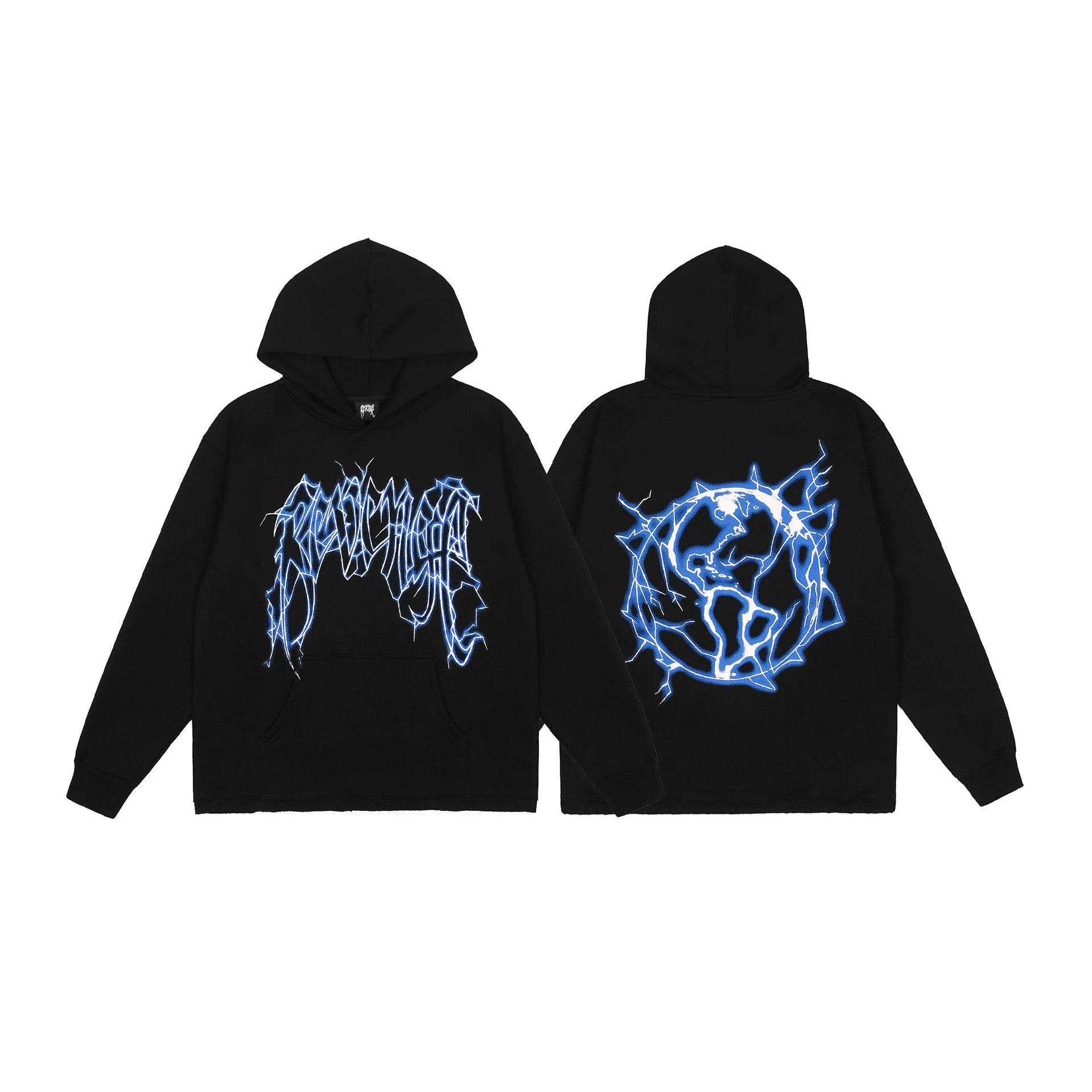 Streetwear Graphic Hoodie Unisex Black Electric Blue - Gallery Image 6 - Detailed View