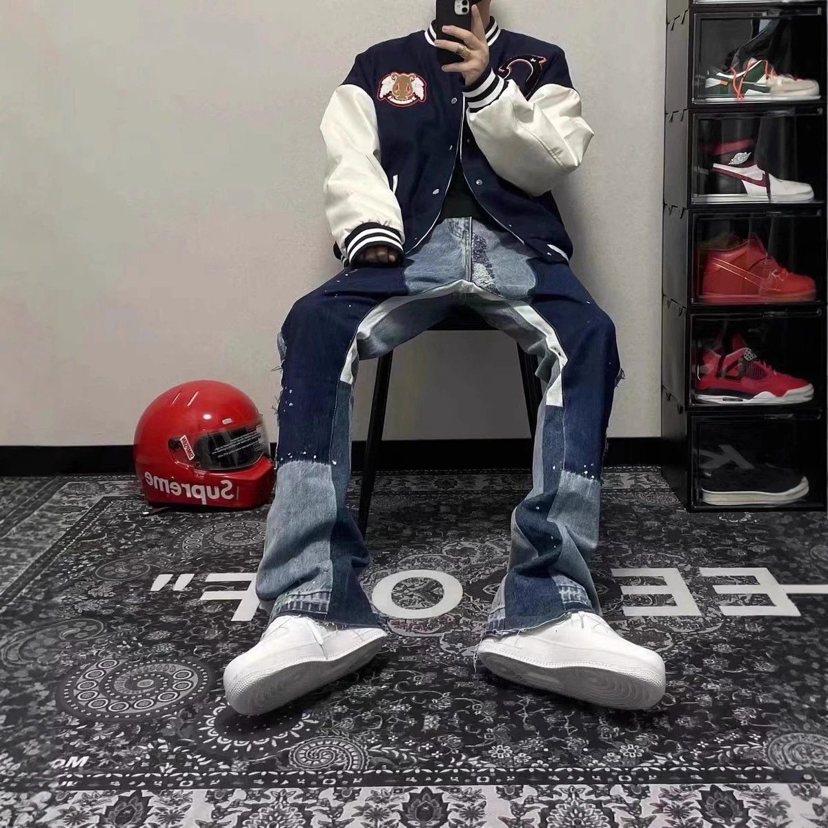 Vintage Flare Jeans with Indigo Patchwork - Gallery Image 2 - Detailed View