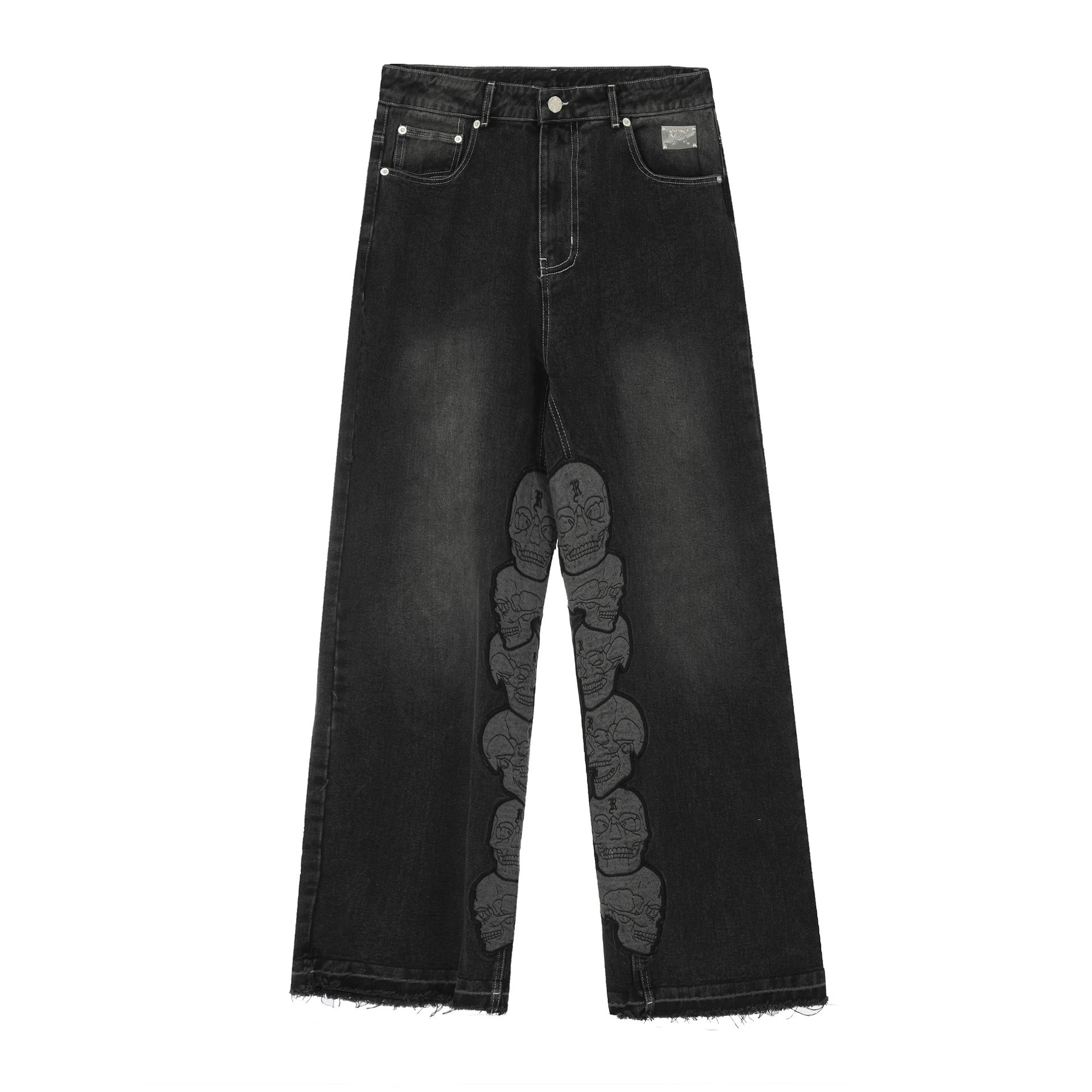 Street Skull Embroidered Denim Pants Charcoal - Revenge - Cnfans - $39.68