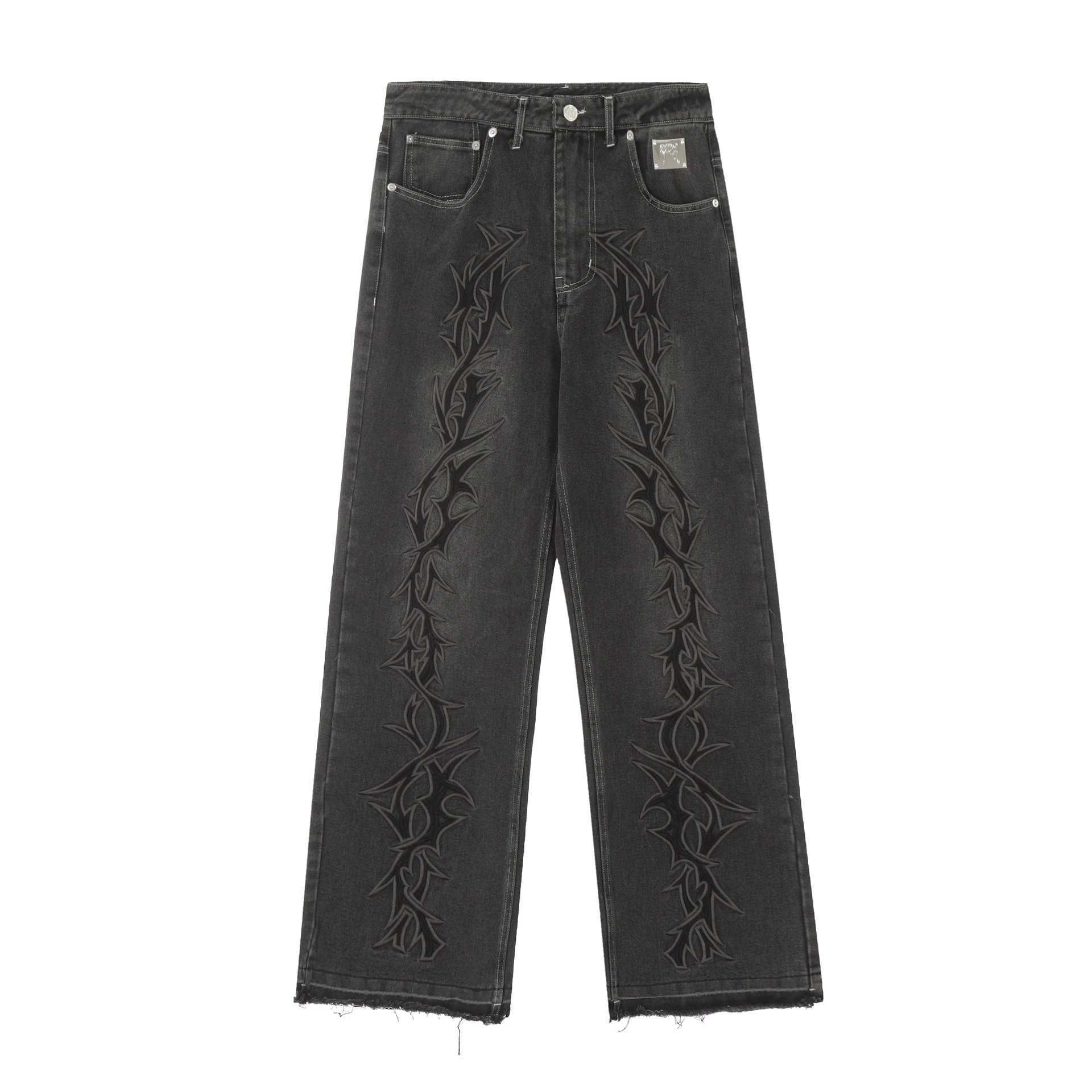 Streetwear Thorn Embroidered Washed Denim Pants Midnight Blue - Gallery Image 3 - Detailed View