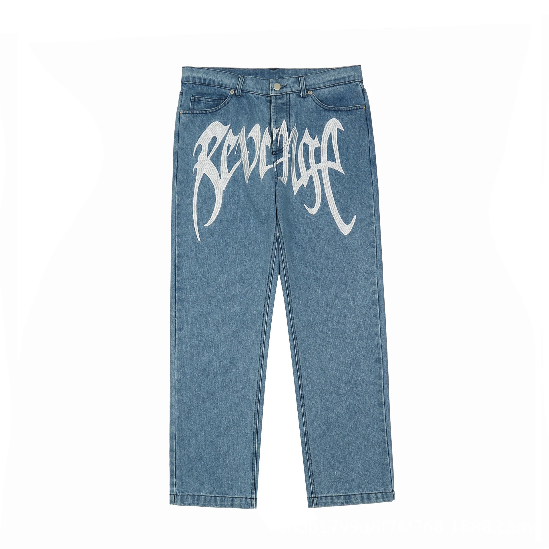 Streetwear Denim Logo Straight Pants Charcoal - Gallery Image 3 - Detailed View