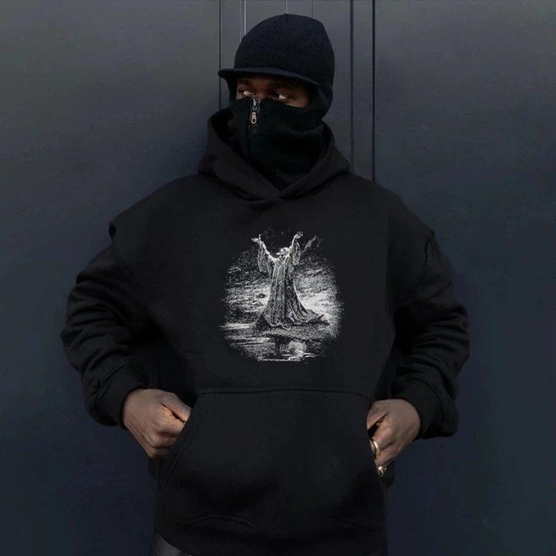 Gothic Graphic Pullover Hoodie Streetwear Cotton Black - Gallery Image 3 - Detailed View