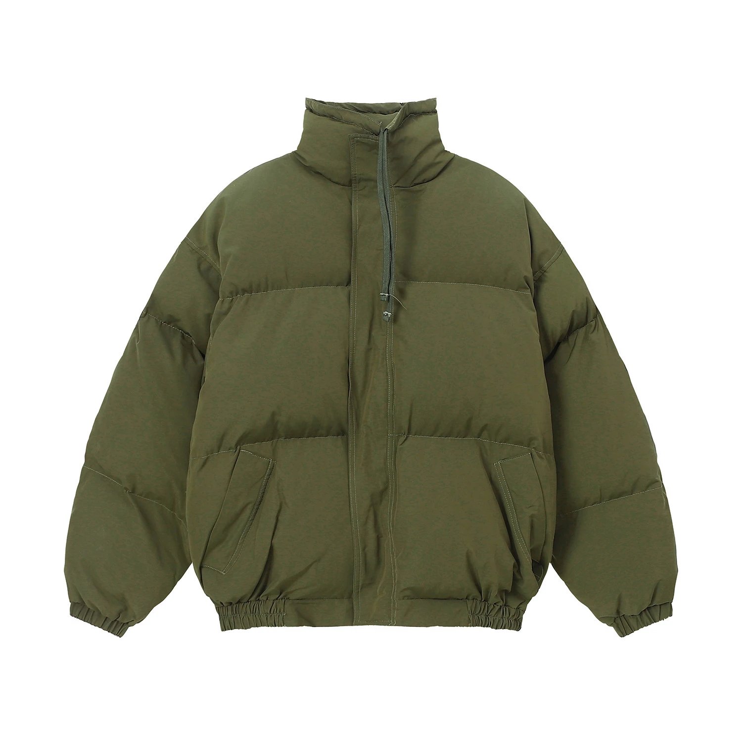 High Street Puffer Jacket Winter Unisex Stand Collar Olive Green - Gallery Image 4 - Detailed View