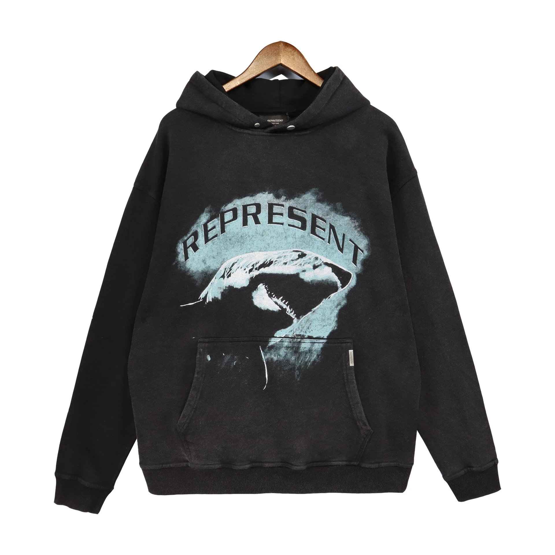 Represent Shark Washed Hoodie Black - Gallery Image 5 - Detailed View