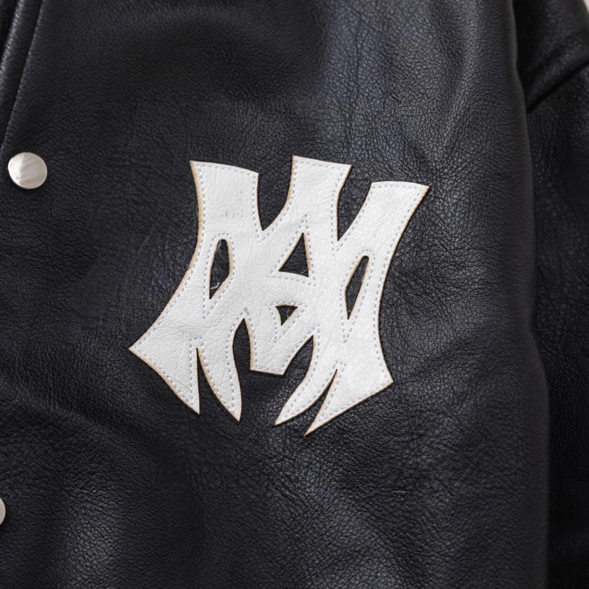 Amiri PU Leather Varsity Jacket Black - Gallery Image 3 - Detailed View