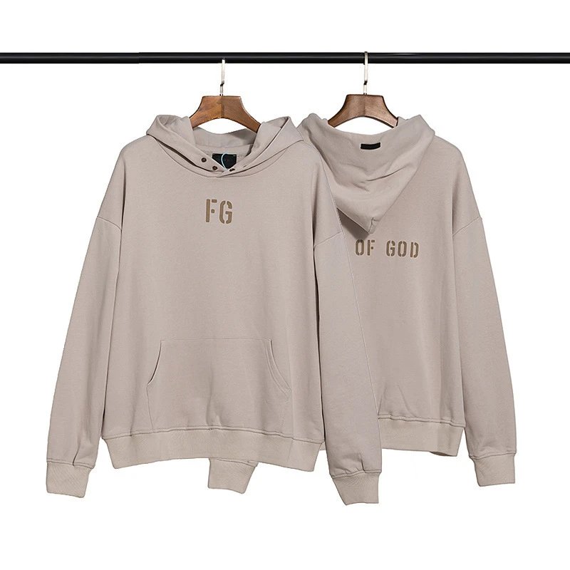 Unisex Essentials Flocked Letter High Street Hoodie Taupe - Gallery Image 1 - Detailed View