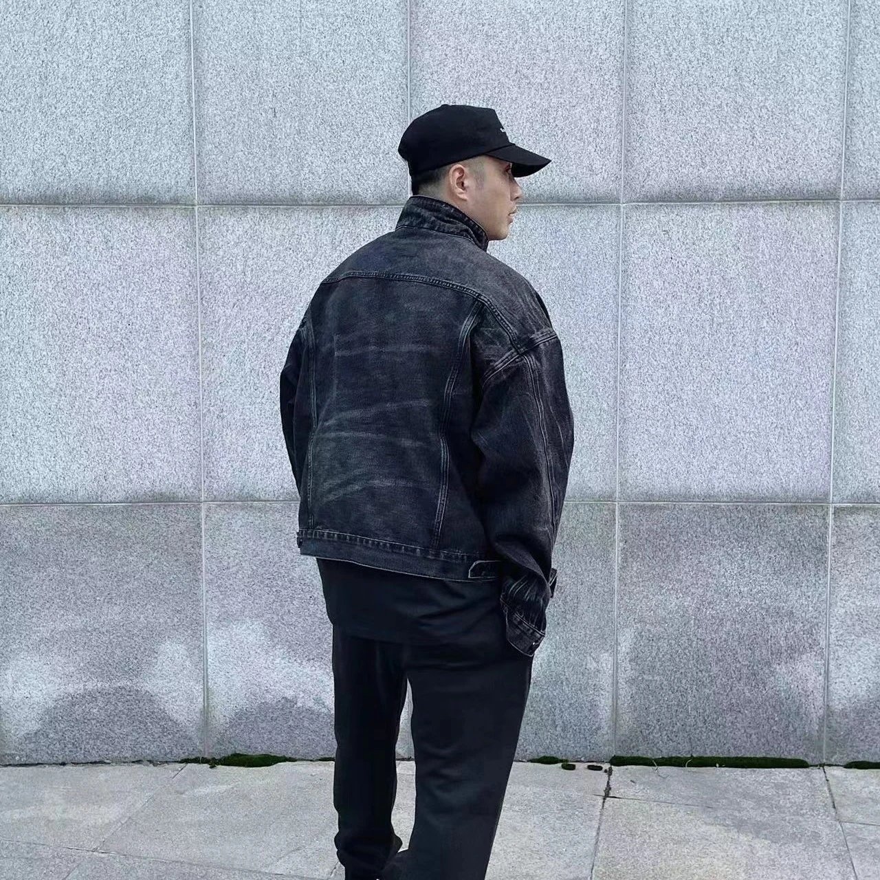 Vintage Washed Denim Jacket Unisex Streetwear Charcoal Black - Gallery Image 4 - Detailed View