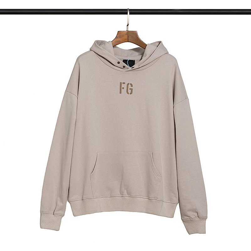 Unisex Essentials Flocked Letter High Street Hoodie Taupe - Gallery Image 2 - Detailed View