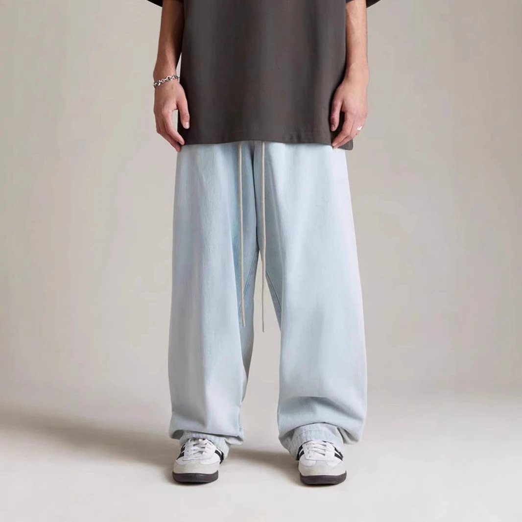 Unisex Streetwear Denim Wide Leg Pants Ash Grey - Gallery Image 6 - Detailed View